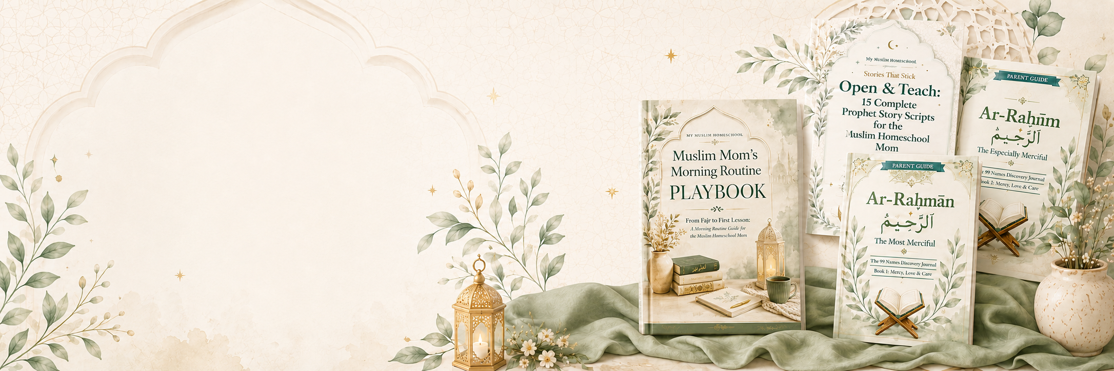 Printable Islamic homeschool resources displayed with soft botanical stationery